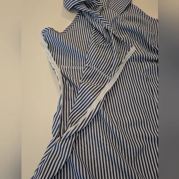 Rihoas Blue White Striped Halter Maxi Dress Collared Wrap Bodice Slit Size L - Picture 7 of 9